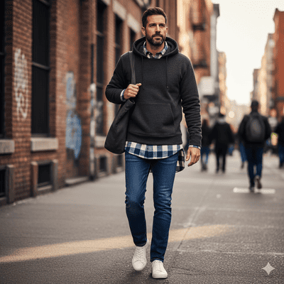 メンズのシャツにパーカーを重ね着コーデ術②（イメージ画像）