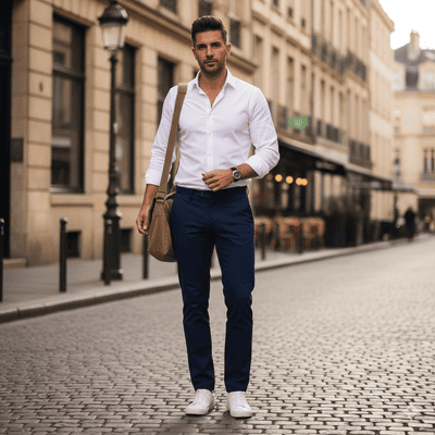 メンズのネイビーチノパンコーデ術①（イメージ画像）