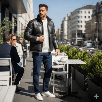 メンズのレザーダウンジャケットのコーデ術②