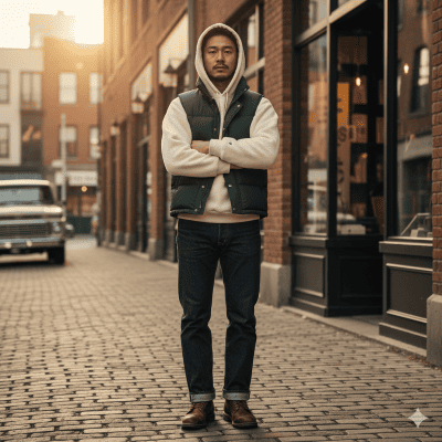 メンズのパーカーにダウンベストのコーデ術①