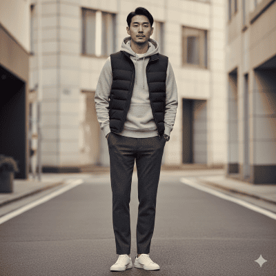 メンズのパーカーにダウンベストのコーデ術②