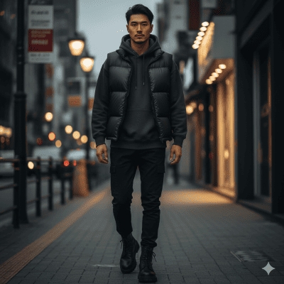 メンズのパーカーにダウンベストのコーデ術③