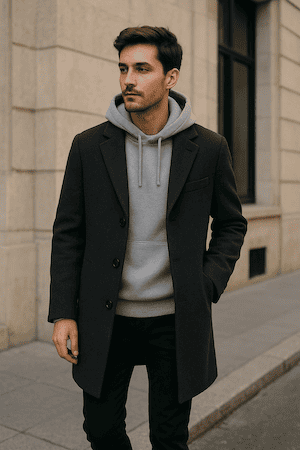 チェスターコートにパーカーを重ね着コーデ例