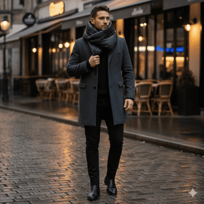 メンズのダウンマフラーのコーデ