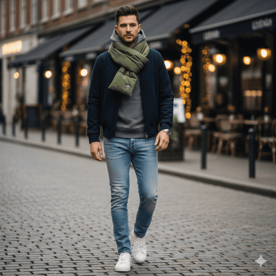 メンズのダウンマフラーのコーデ