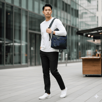 メンズのリュックにキーホルダーのおしゃれコーデ例