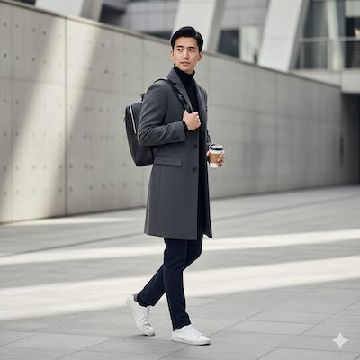 チェスターコートとリュックのおしゃれコーデ例