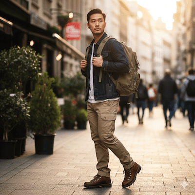 メンズのリュックにキーホルダーのおしゃれコーデ例