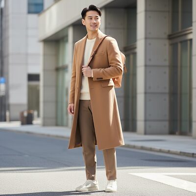 チェスターコートとリュックのおしゃれコーデ例