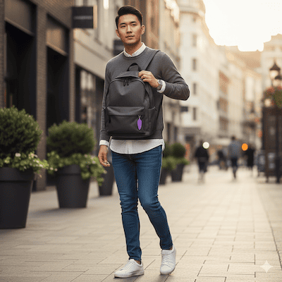 メンズのリュックにキーホルダーのおしゃれコーデ例