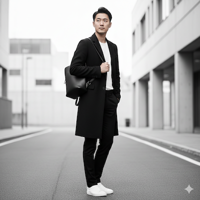 チェスターコートとリュックのおしゃれコーデ例