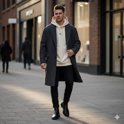 チェスターコートにパーカーを重ね着コーデ例