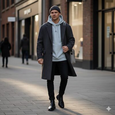 チェスターコートにパーカーを重ね着コーデ例