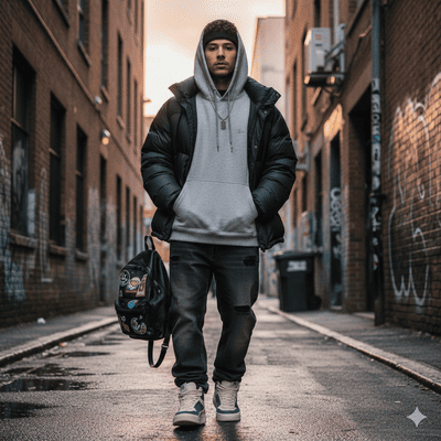 パーカーのフードをかぶる男性コーデ術①（イメージ画像）